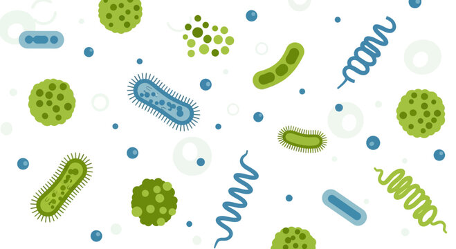 Microscopic Bacteria and Germs: Diverse Shapes and Colors on White Background