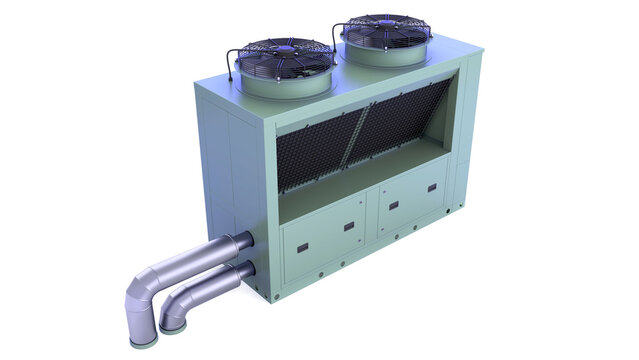 Roof Chiller AHU System - Air Conditioner. side view from above. 3D rendering isolated on white background. Ideal for professionals, educational, engineering, and industrial design