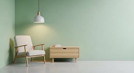 Obraz premium Minimalist living room interior with light green walls, a comfortable armchair, and a wooden cabinet under a modern pendant lamp.