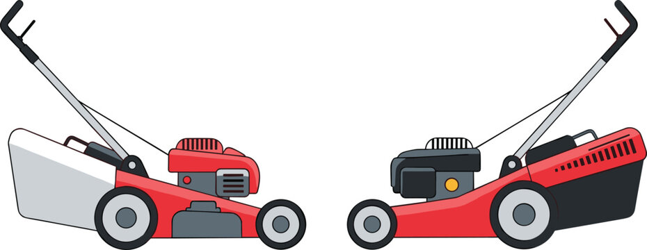 Lawn mower collection with push grass cutting machines, garden equipment vector illustration for landscaping, yard maintenance, and outdoor tools design