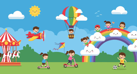 Obraz premium Cute Cartoon Children Playing Outdoors in Park with Rainbow, Carousel, Hot Air Balloon, and Airplane Vector Illustration