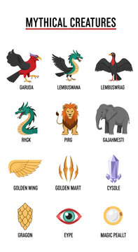 A grid layout displaying twelve illustrations of mythical creatures and related items with labels