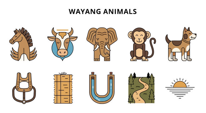 Row of five illustrated animals above five related objects titled WAYANG ANIMALS