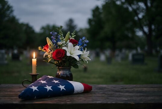 Memorial Day tribute with folded flag, candle and flowers in cemetery background