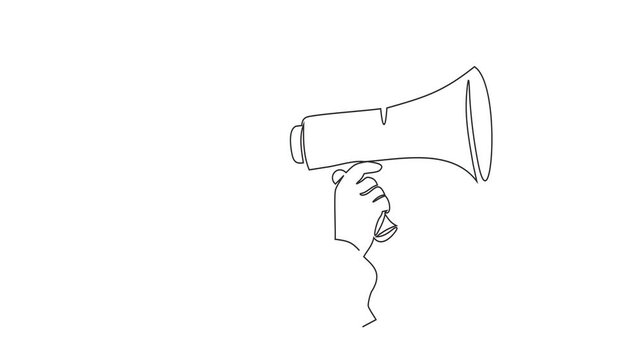 Animated self drawing of continuous line draw of Man holding megaphone to speak up continuous one line drawing. Person holds megaphone speaker.  Full length one line animation. 4K	