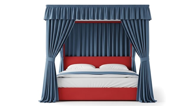 Red bed with blue curtains and white bedding
