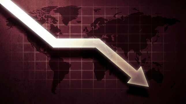 global economic recession and stock market crash concept with glowing downward arrow over dark world map background
