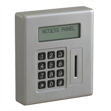 Modern access control panel featuring a numeric keypad, LCD screen displaying 'ACCESS PANEL', and a card reader slot. Essential for security systems.