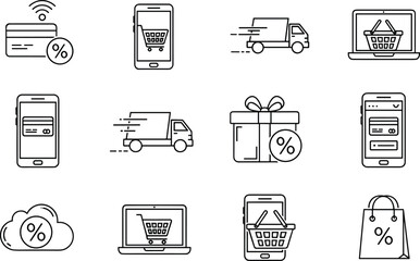 Fototapeta premium E-commerce shopping icons, online payment silhouettes, mobile commerce illustration, fast delivery graphics, discount shopping symbols, digital retail icons, modern shopping design