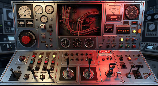 Retro futuristic control panel with analog gauges, levers, and warning lights, complex technology