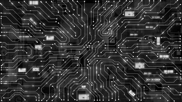 A video showcasing a complex black circuit board with white lines and components