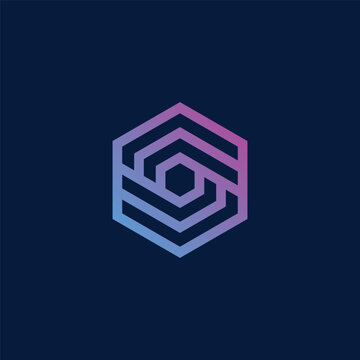 Abstract Hexagon Logo with Gradient Lines on Dark Blue Background