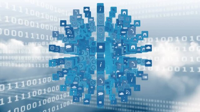 Animation of globe made of icons over binary code over clouds in background