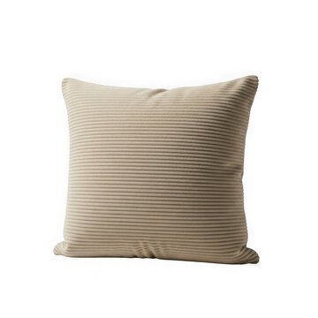 Textured beige square throw pillow with subtle horizontal ridges isolated on transparent background