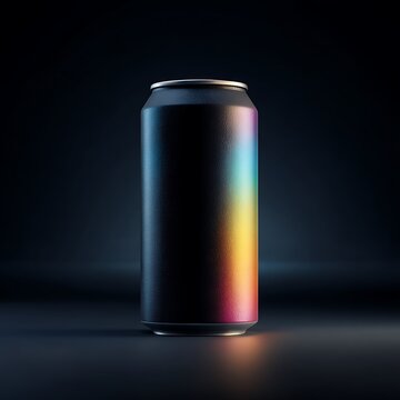 premium beverage can with matte finish on deep black background pastel gradient lighting elegant shadows high-end commercial style front angle clean composition, Realistic Photo
