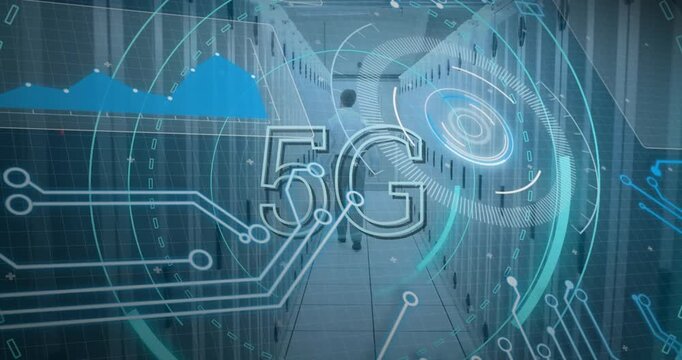 Animation of 5g and processing circles over servers