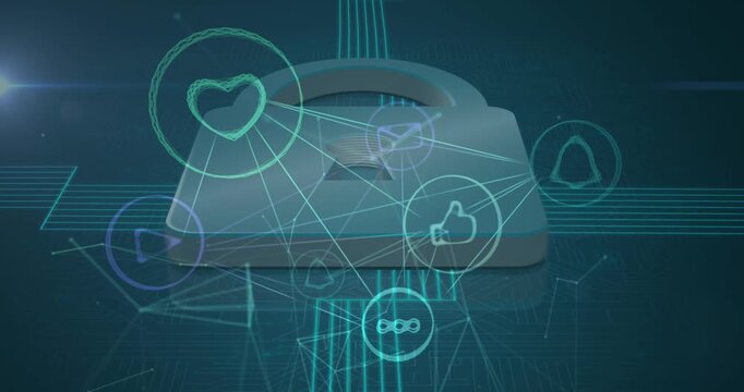 Animation of network of connections and digital padlock on green background
