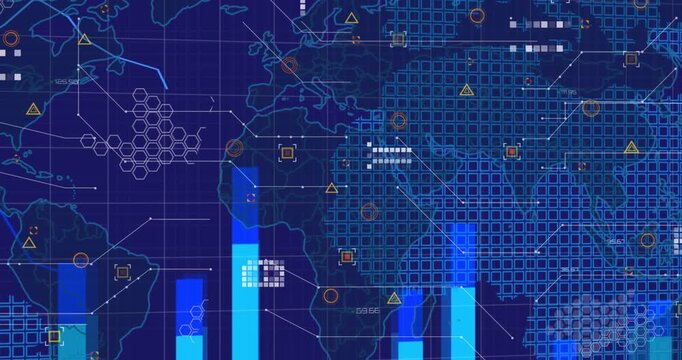 Animation of clouds with icons over financial data processing