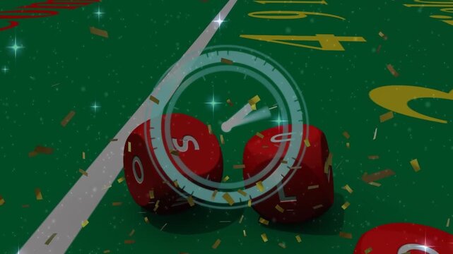 Animation of shining stars and golden confetti over red dices falling on poker table