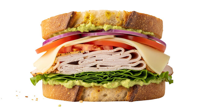 Gourmet turkey sandwich on toasted sourdough bread, fresh deli club sandwich with swiss cheese and avocado, healthy lunch with turkey breast and vegetables isolated on Transparent Background