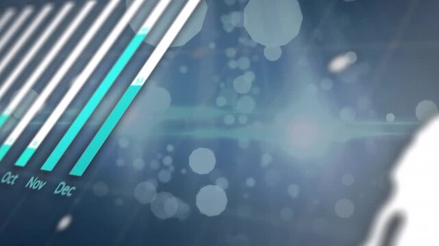 Interface with statistical data processing over white spots of light floating on blue background
