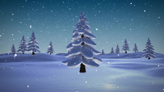 Animation of snow falling over fir trees at christmas