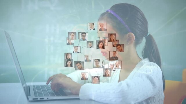 Global networking concept with woman using a laptop surrounded by icons.