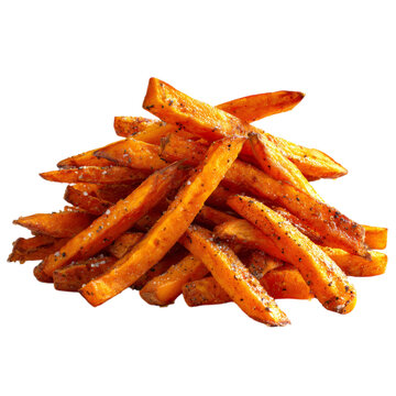 Pile of sweet potato fries on transparent background. Crispy baked vegetable strips. Delicious healthy snack, culinary ingredient, organic vegetable side dish, fast food meal, cooked tuber.