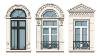 Fototapeta premium Collection of modern building facade window elements with ornate details and balconies