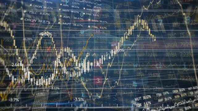 Animation of line graphs with trading board, changing text over padlock on grid pattern