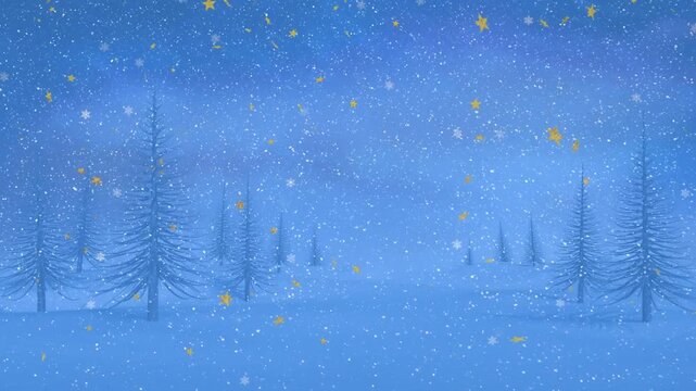Animation of star shaped with snowflakes and snow moving over landscape and pine trees against sky