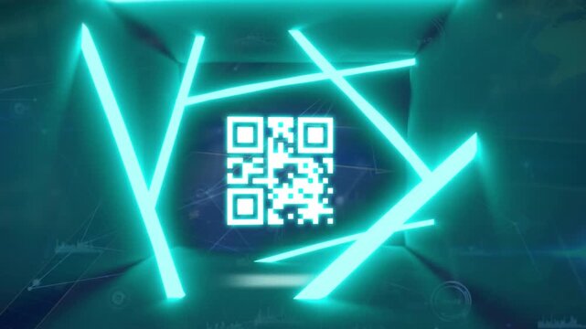 Digital animation of glowing neon qr code against glowing neon qr code on neon blue neon qr code