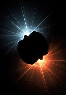 Abstract visual showing bright spiritual energy fields sharply interrupted by a deep, dark, neutralizing void or nullifying space, neutralizing, dimension, light