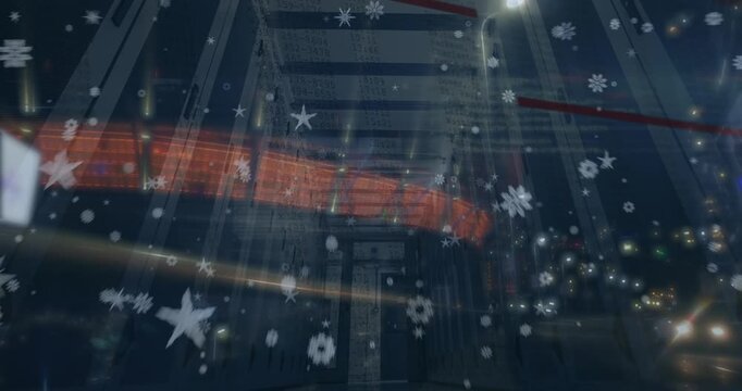Animation of star icons over computer server room against night city traffic