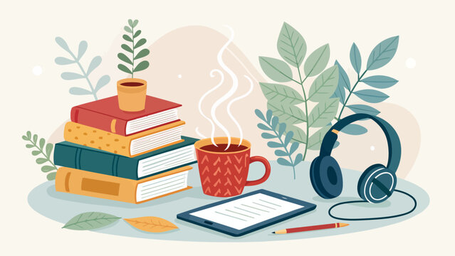 Cozy reading nook with books coffee tablet and headphones for relaxation and leisure activities at home indoors