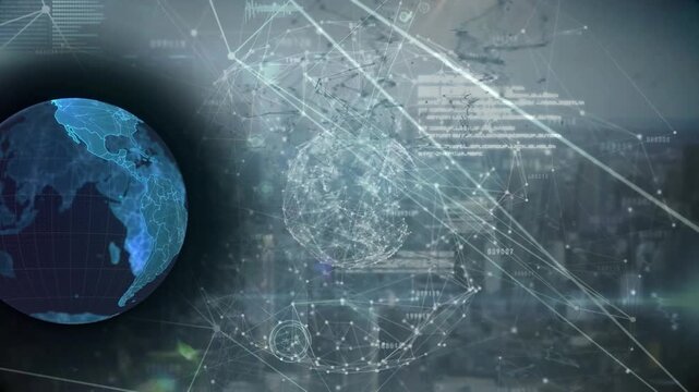 Animation of globe over digital face of network of connections and globe