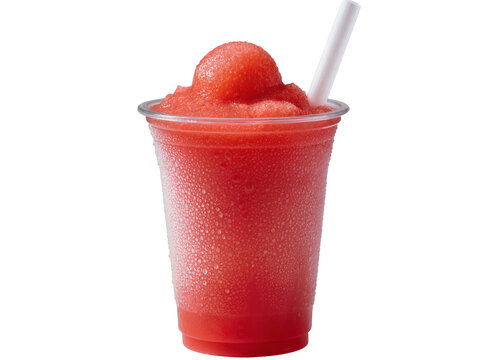 Refreshing red slushie in a clear plastic cup with a white straw, featuring condensation droplets, isolated frozen beverage PNG on transparent background
