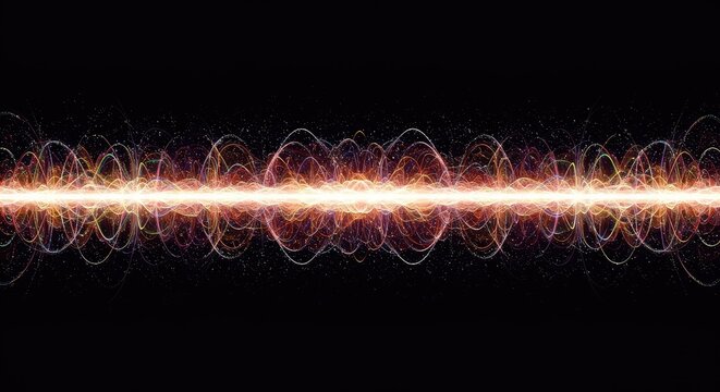 Dynamic abstract visualization of synchronized wave frequencies interacting in a powerful energetic matrix, representing harmony and complex systemic balance, connectivity, invisible, digital