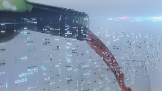 Animation of blinking lights of data processing over red wine pouring from bottle