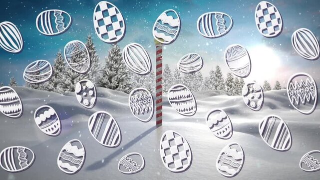 Animation of eggs over snow falling and winter landscape