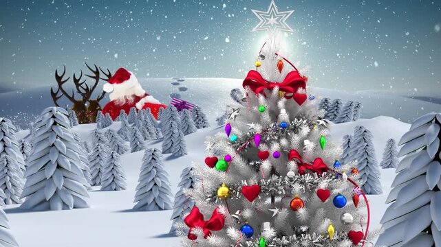 Animation of christmas tree with santa claus in sleigh with reindeer over winter scenery