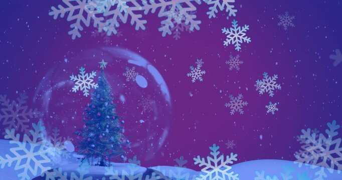 Animation of snowflakes floating over christmas tree in a snow globe against purple background