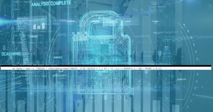 Animation of security padlock icon and data processing against computer server room