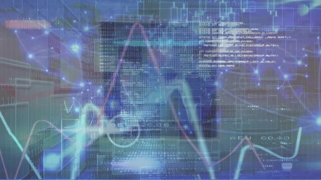 Animation of data processing against glowing light trails over world map on blue background
