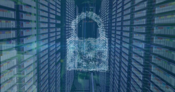 Digital video showcases an empty corridor lined with computer servers.