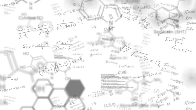 Animation of mathematical equations and scientific data processing over white background