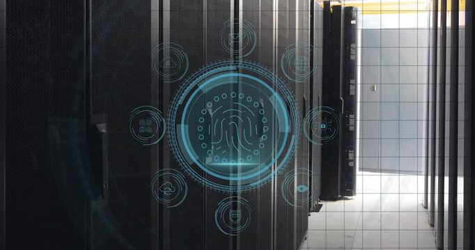 Animation of digital icons and fingerprint biometric scanner against computer server room