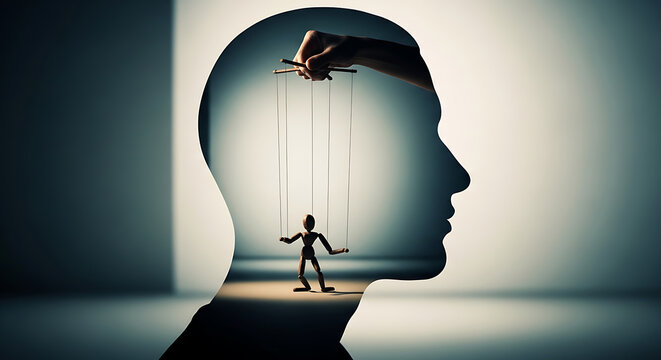 Conceptual image of manipulation and control represented by a puppet controlled by strings inside a human head silhouette