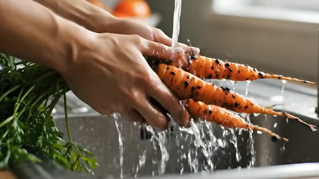 Hands washing organic bunch of fresh carrots with water in kitchen sink, close-up