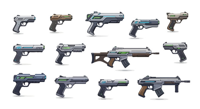 Collection of diverse futuristic firearms, including advanced pistols, rifles, and submachine guns with modern sci-fi aesthetics, ideal for game development assets